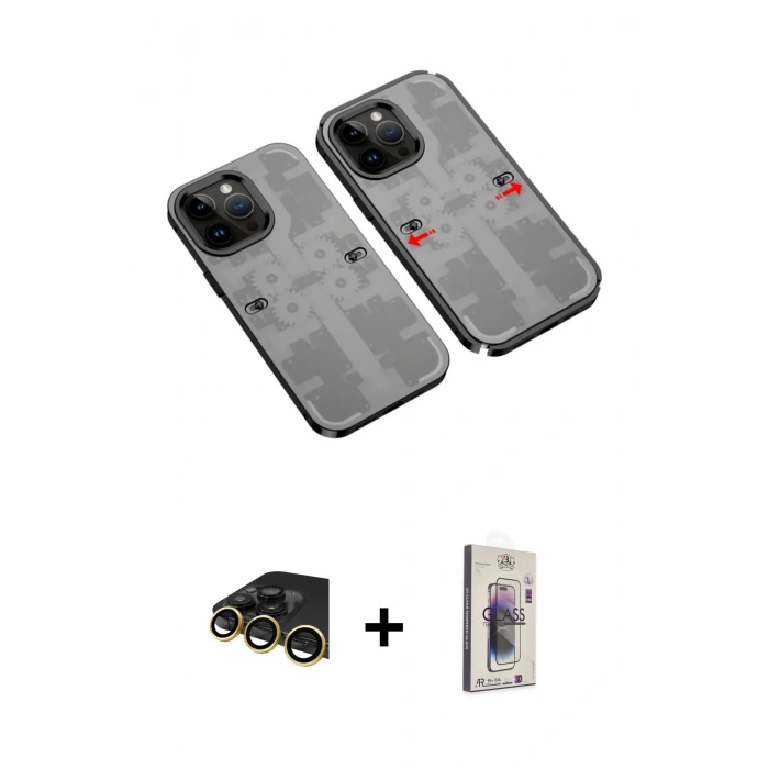 MARSİLYAN™- iPhone 13 Pro Max Kılıf Ufuk Doku Prime - Siyah Bilvis 3D Cam Ekran Koruyucu + Raze Metal Kamera Lens - GD