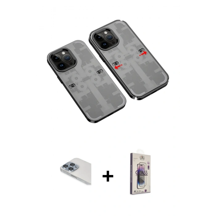 MARSİLYAN™- iPhone 13 Pro Max Kılıf Ufuk Doku Prime - Siyah Bilvis 3D Cam Ekran Koruyucu + Sierra Blue Pers Alüminyum Kamera Lens
