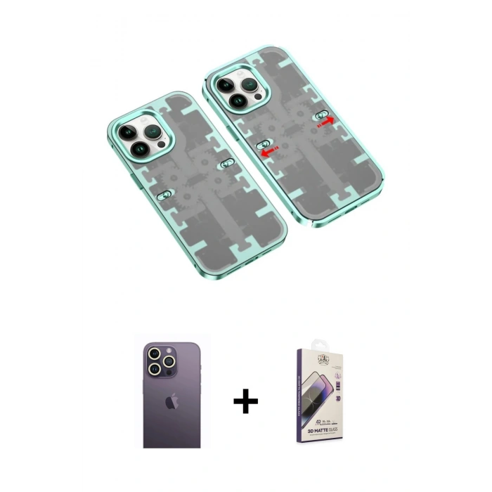 MARSİLYAN™- iPhone 13 Pro Max Kılıf Ufuk Doku Prime - Siyah Bilvis 3D Mat Cam Ekran Koruyucu + Neon Fosforlu Kamera Lens - BZ