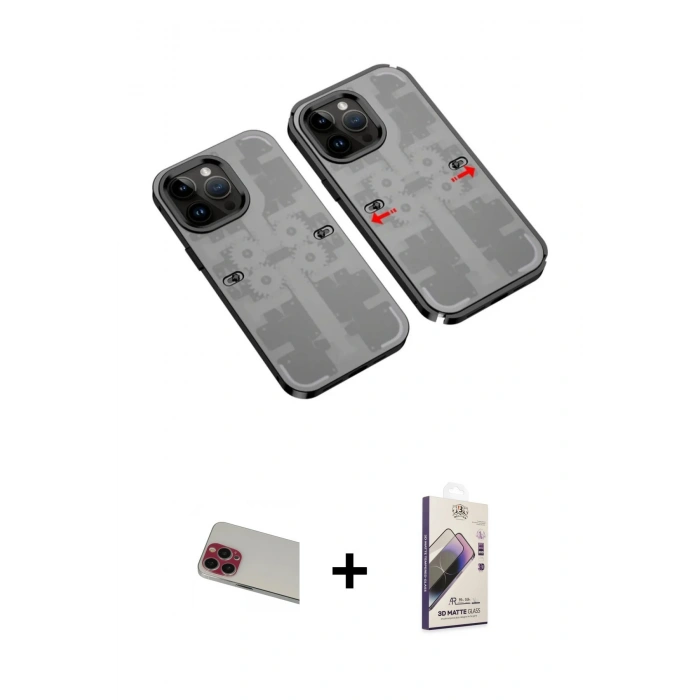 MARSİLYAN™- iPhone 13 Pro Max Kılıf Ufuk Doku Prime - Siyah Bilvis 3D Mat Cam Ekran Koruyucu + Rainbow Kamera Lens Koruma Cam - KI