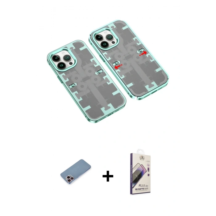 MARSİLYAN™- iPhone 13 Pro Max Kılıf Ufuk Doku Prime - Siyah Bilvis 3D Mat Cam Ekran Koruyucu + Pembe Shine Kamera Lens Koruma Cam