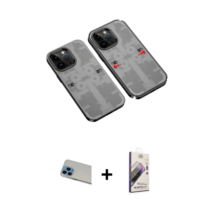 MARSİLYAN™- iPhone 13 Pro Max Kılıf Ufuk Doku Prime - Siyah Bilvis 3D Mat Cam Ekran Koruyucu + Rainbow Kamera Lens Koruma Cam - MI
