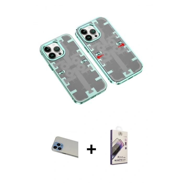 MARSİLYAN™- iPhone 13 Pro Max Kılıf Ufuk Doku Prime - Siyah Bilvis 3D Mat Cam Ekran Koruyucu + Rainbow Kamera Lens Koruma Cam - MI