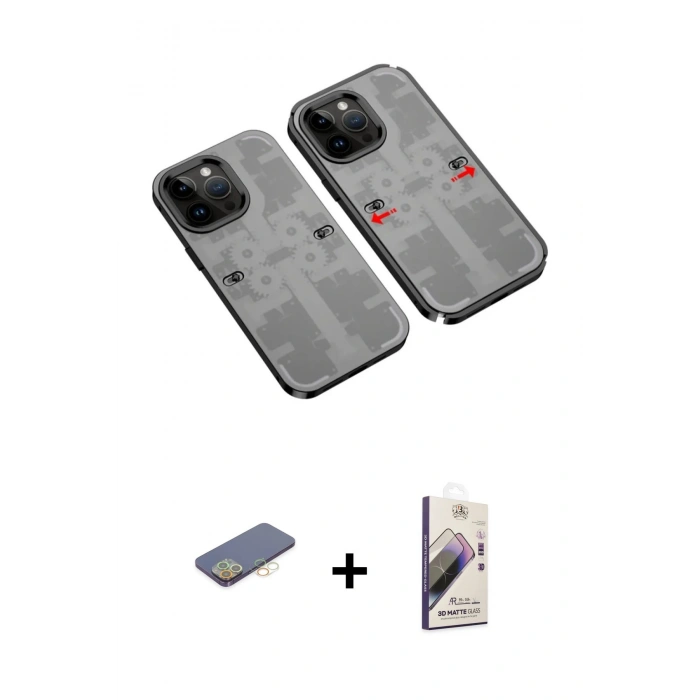 MARSİLYAN™- iPhone 13 Pro Max Kılıf Ufuk Doku Prime - Siyah Bilvis 3D Mat Cam Ekran Koruyucu + Renkli Kamera Lens Koruma Cam - SI