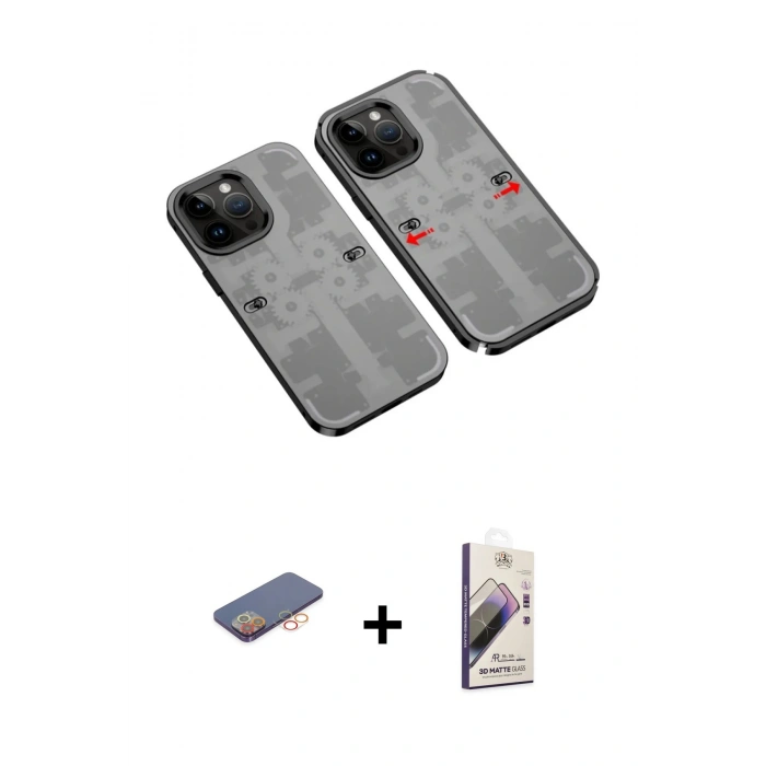 MARSİLYAN™- iPhone 13 Pro Max Kılıf Ufuk Doku Prime - Siyah Bilvis 3D Mat Cam Ekran Koruyucu + Renkli Kamera Lens Koruma Cam - TU