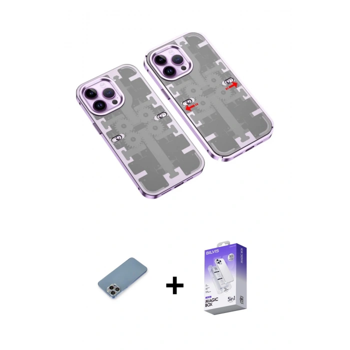 MARSİLYAN™- iPhone 13 Pro Max Kılıf Ufuk Doku Prime - Siyah Bilvis 5in1 3D Magic Cam Ekran Koruyucu + Gökkuşağı Shine Kamera Lens Koruma Cam