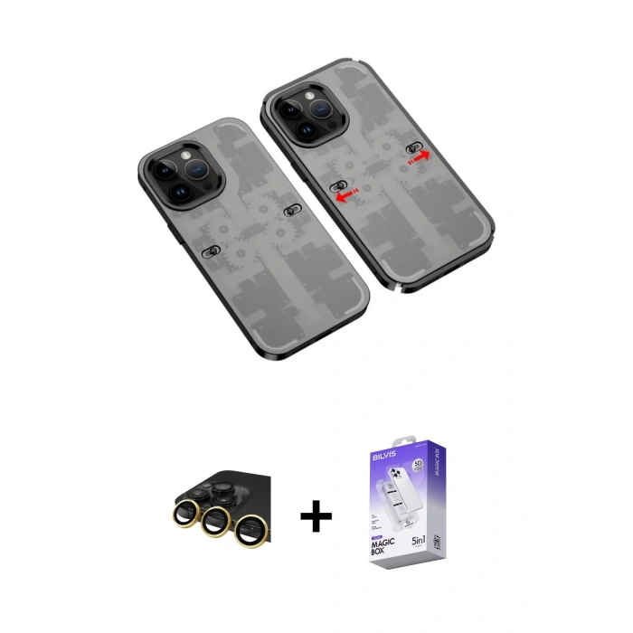 MARSİLYAN™- iPhone 13 Pro Max Kılıf Ufuk Doku Prime - Siyah Bilvis 5in1 3D Magic Cam Ekran Koruyucu + Raze Metal Kamera Lens - GD