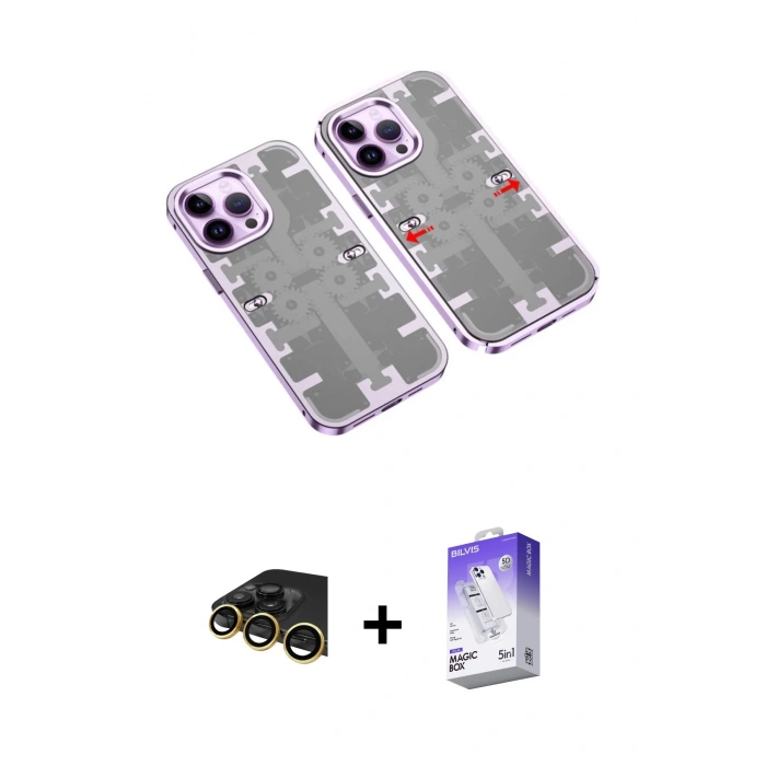 MARSİLYAN™- iPhone 13 Pro Max Kılıf Ufuk Doku Prime - Siyah Bilvis 5in1 3D Magic Cam Ekran Koruyucu + Raze Metal Kamera Lens - GD