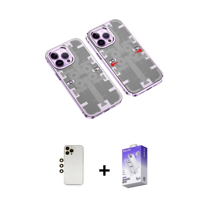 MARSİLYAN™- iPhone 13 Pro Max Kılıf Ufuk Doku Prime - Siyah Bilvis 5in1 3D Magic Cam Ekran Koruyucu + Gold Shine Kamera Lens