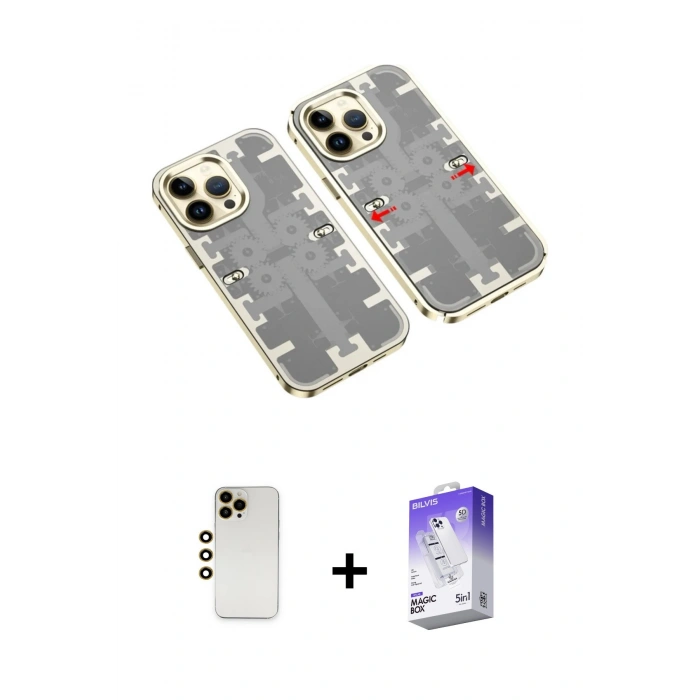 MARSİLYAN™- iPhone 13 Pro Max Kılıf Ufuk Doku Prime - Siyah Bilvis 5in1 3D Magic Cam Ekran Koruyucu + Gold Shine Kamera Lens