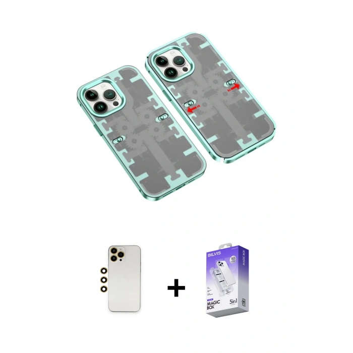 MARSİLYAN™- iPhone 13 Pro Max Kılıf Ufuk Doku Prime - Siyah Bilvis 5in1 3D Magic Cam Ekran Koruyucu + Gold Shine Kamera Lens