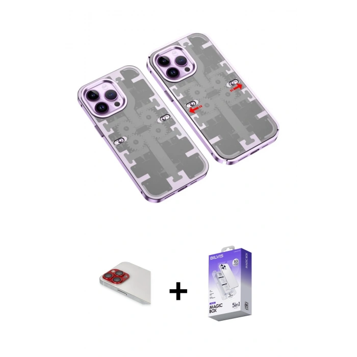 MARSİLYAN™- iPhone 13 Pro Max Kılıf Ufuk Doku Prime - Siyah Bilvis 5in1 3D Magic Cam Ekran Koruyucu + Pers Alüminyum Kamera Lens - KI