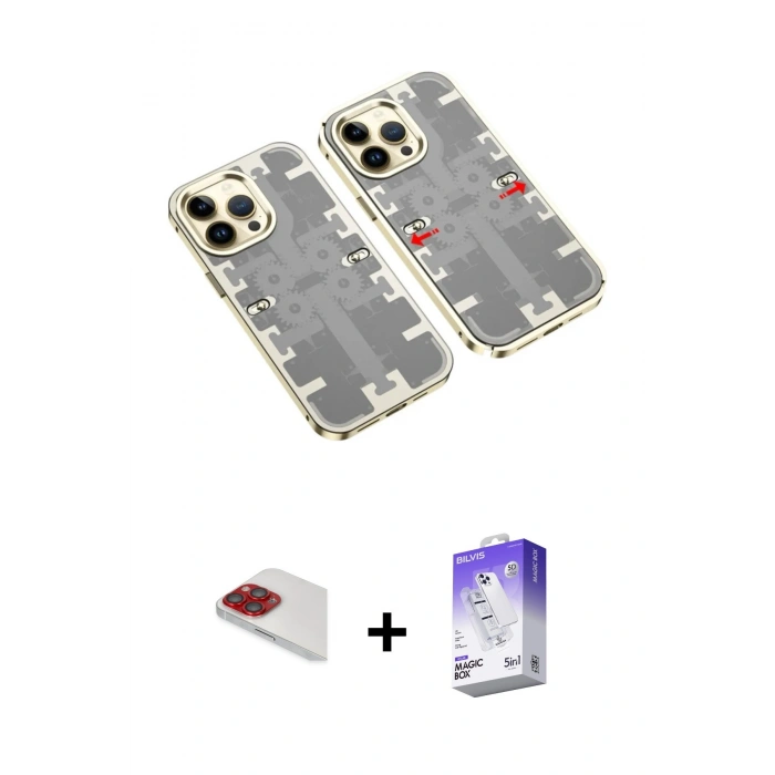 MARSİLYAN™- iPhone 13 Pro Max Kılıf Ufuk Doku Prime - Siyah Bilvis 5in1 3D Magic Cam Ekran Koruyucu + Pers Alüminyum Kamera Lens - KI