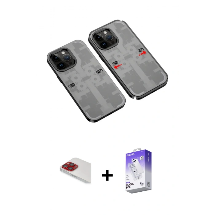 MARSİLYAN™- iPhone 13 Pro Max Kılıf Ufuk Doku Prime - Siyah Bilvis 5in1 3D Magic Cam Ekran Koruyucu + Pers Alüminyum Kamera Lens - KI