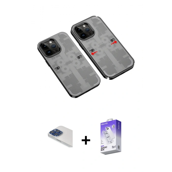 MARSİLYAN™- iPhone 13 Pro Max Kılıf Ufuk Doku Prime - Siyah Bilvis 5in1 3D Magic Cam Ekran Koruyucu + Lacivert Pers Alüminyum Kamera Lens
