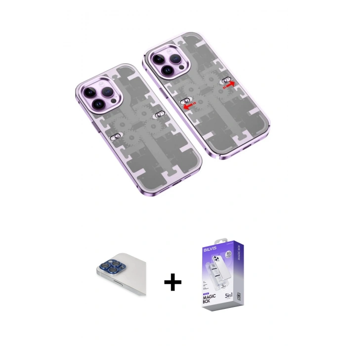 MARSİLYAN™- iPhone 13 Pro Max Kılıf Ufuk Doku Prime - Siyah Bilvis 5in1 3D Magic Cam Ekran Koruyucu + Lacivert Pers Alüminyum Kamera Lens