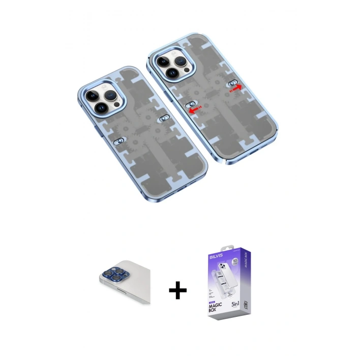 MARSİLYAN™- iPhone 13 Pro Max Kılıf Ufuk Doku Prime - Siyah Bilvis 5in1 3D Magic Cam Ekran Koruyucu + Lacivert Pers Alüminyum Kamera Lens
