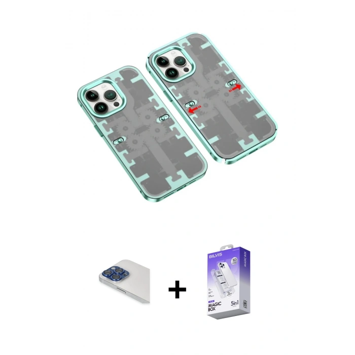 MARSİLYAN™- iPhone 13 Pro Max Kılıf Ufuk Doku Prime - Siyah Bilvis 5in1 3D Magic Cam Ekran Koruyucu + Lacivert Pers Alüminyum Kamera Lens