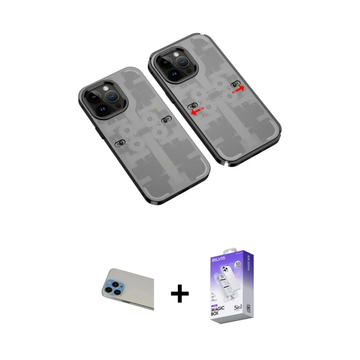 MARSİLYAN™- iPhone 13 Pro Max Kılıf Ufuk Doku Prime - Siyah Bilvis 5in1 3D Magic Cam Ekran Koruyucu + Rainbow Kamera Lens Koruma Cam - MI