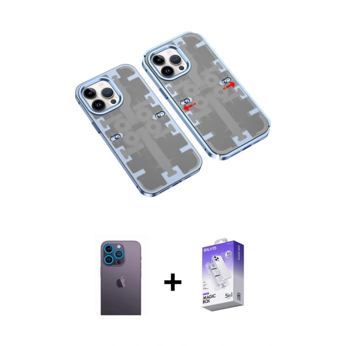MARSİLYAN™- iPhone 13 Pro Max Kılıf Ufuk Doku Prime - Siyah Bilvis 5in1 3D Magic Cam Ekran Koruyucu + Neon Fosforlu Kamera Lens - MI