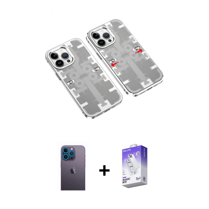 MARSİLYAN™- iPhone 13 Pro Max Kılıf Ufuk Doku Prime - Siyah Bilvis 5in1 3D Magic Cam Ekran Koruyucu + Neon Fosforlu Kamera Lens - MI