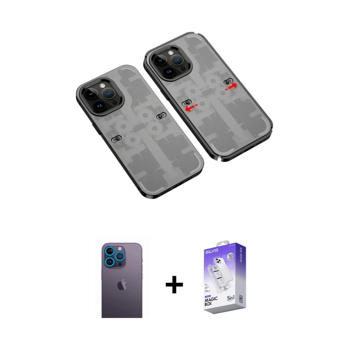 MARSİLYAN™- iPhone 13 Pro Max Kılıf Ufuk Doku Prime - Siyah Bilvis 5in1 3D Magic Cam Ekran Koruyucu + Neon Fosforlu Kamera Lens - MI