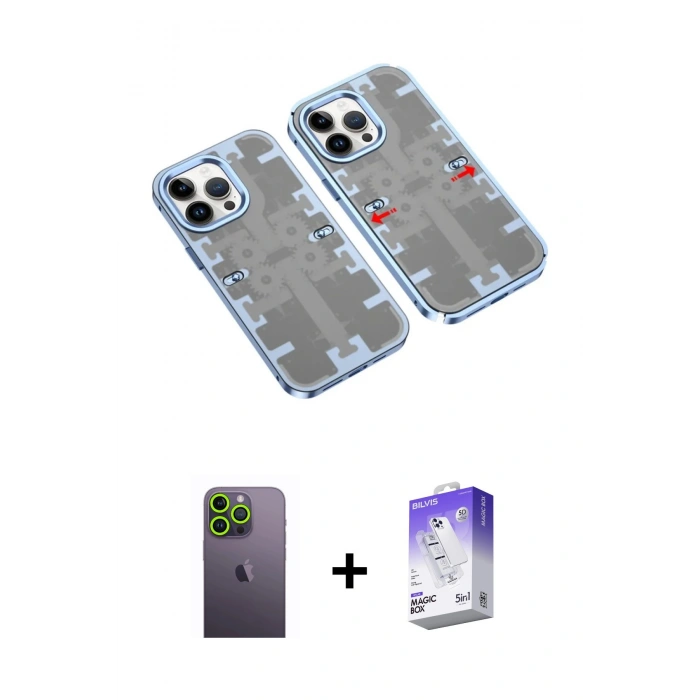 MARSİLYAN™- iPhone 13 Pro Max Kılıf Ufuk Doku Prime - Siyah Bilvis 5in1 3D Magic Cam Ekran Koruyucu + Neon Fosforlu Kamera Lens - YL