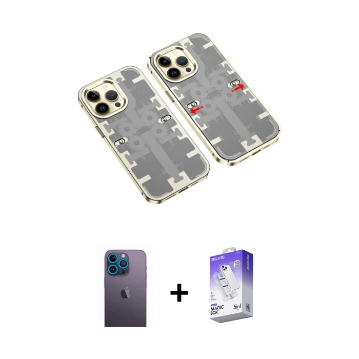 MARSİLYAN™- iPhone 13 Pro Max Kılıf Ufuk Doku Prime - Siyah Bilvis 5in1 3D Magic Cam Ekran Koruyucu + Neon Fosforlu Kamera Lens - MI