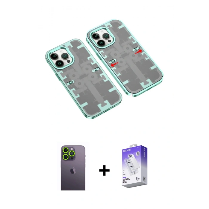MARSİLYAN™- iPhone 13 Pro Max Kılıf Ufuk Doku Prime - Siyah Bilvis 5in1 3D Magic Cam Ekran Koruyucu + Neon Fosforlu Kamera Lens - YL