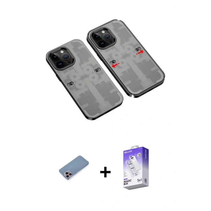 MARSİLYAN™- iPhone 13 Pro Max Kılıf Ufuk Doku Prime - Siyah Bilvis 5in1 3D Magic Cam Ekran Koruyucu + Pembe Shine Kamera Lens Koruma Cam