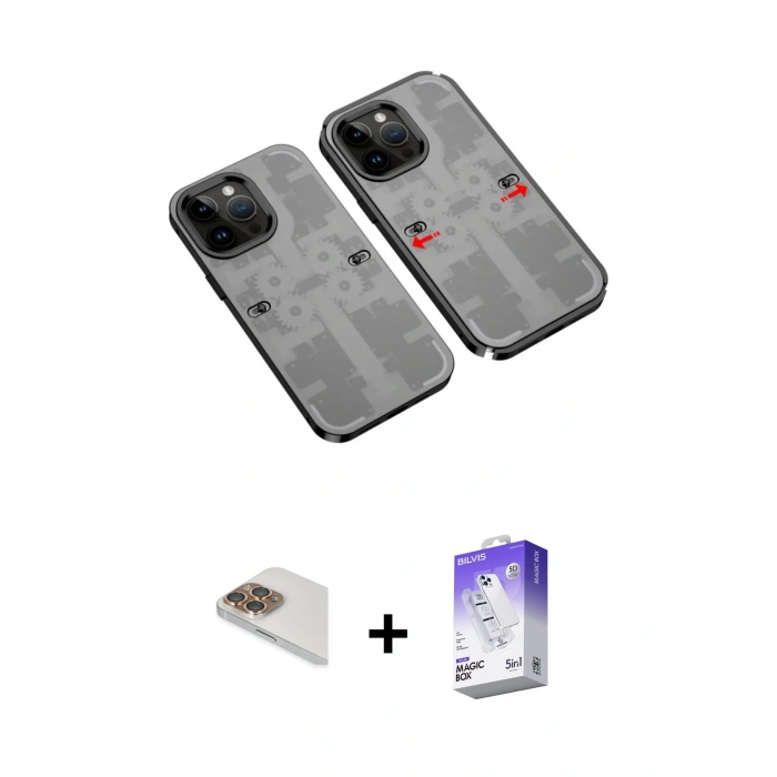 MARSİLYAN™- iPhone 13 Pro Max Kılıf Ufuk Doku Prime - Siyah Bilvis 5in1 3D Magic Cam Ekran Koruyucu + Pers Alüminyum Kamera Lens - GD