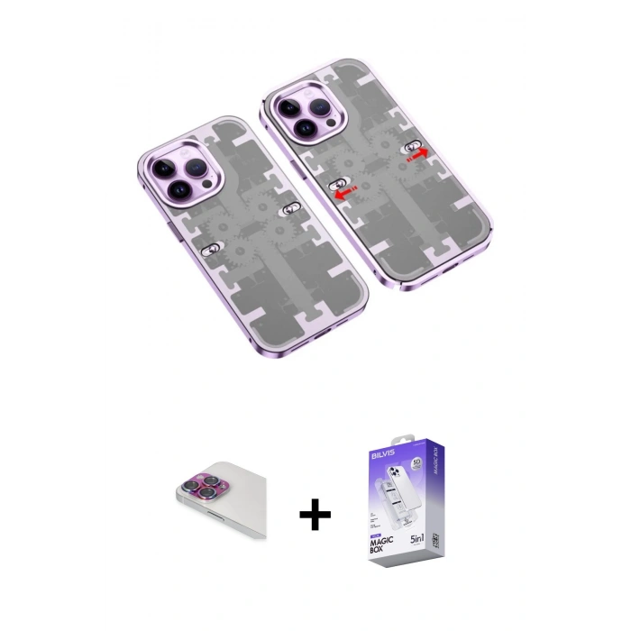 MARSİLYAN™- iPhone 13 Pro Max Kılıf Ufuk Doku Prime - Siyah Bilvis 5in1 3D Magic Cam Ekran Koruyucu + Pers Alüminyum Kamera Lens - GI