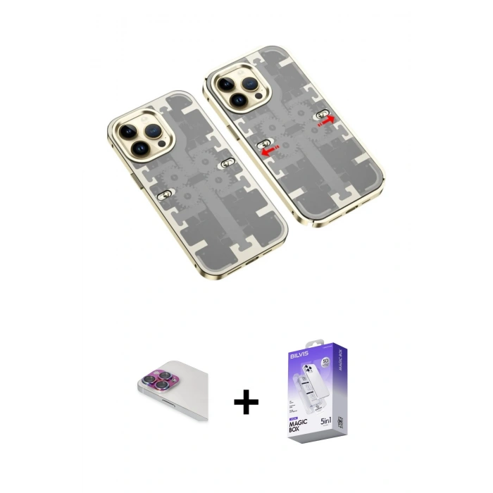 MARSİLYAN™- iPhone 13 Pro Max Kılıf Ufuk Doku Prime - Siyah Bilvis 5in1 3D Magic Cam Ekran Koruyucu + Pers Alüminyum Kamera Lens - GI
