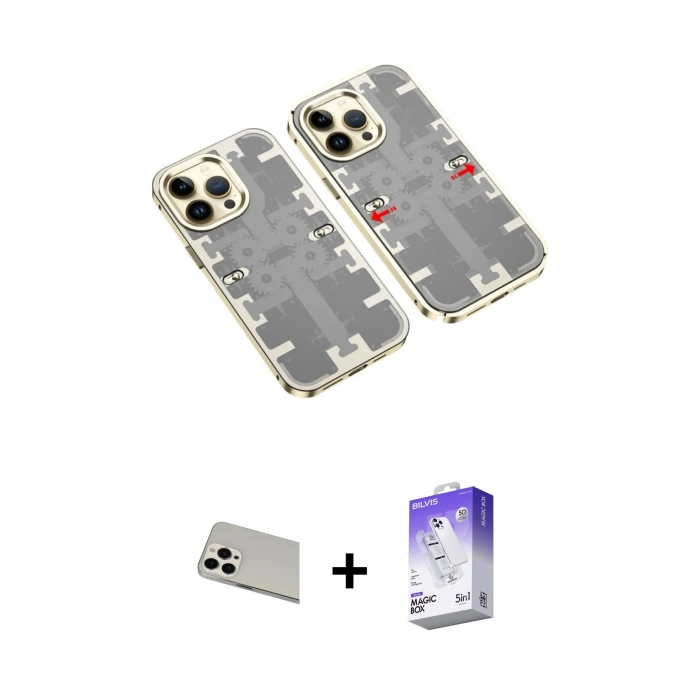 MARSİLYAN™- iPhone 13 Pro Max Kılıf Ufuk Doku Prime - Siyah Bilvis 5in1 3D Magic Cam Ekran Koruyucu + Rainbow Kamera Lens Koruma Cam - BZ