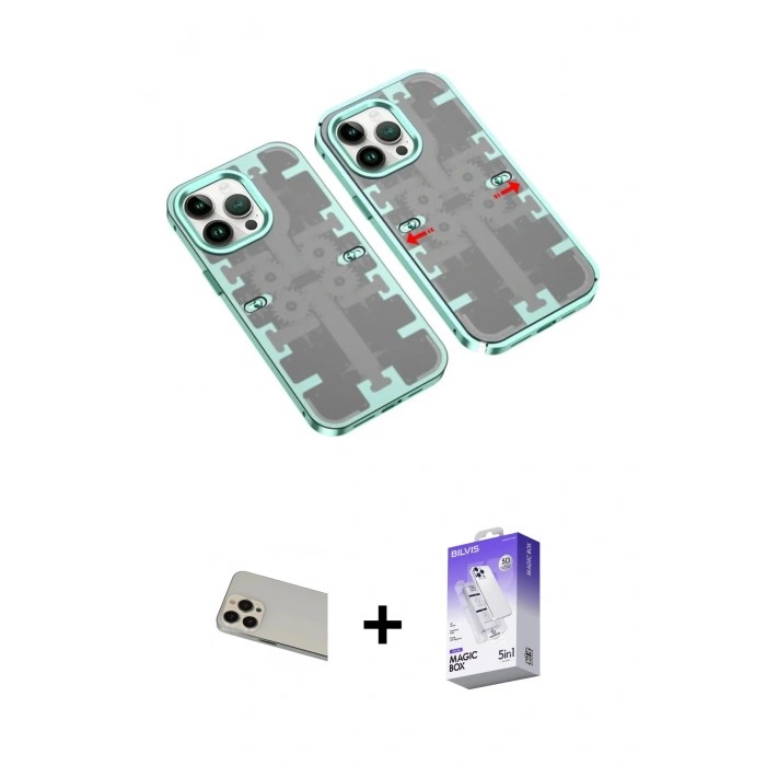 MARSİLYAN™- iPhone 13 Pro Max Kılıf Ufuk Doku Prime - Siyah Bilvis 5in1 3D Magic Cam Ekran Koruyucu + Rainbow Kamera Lens Koruma Cam - REGD
