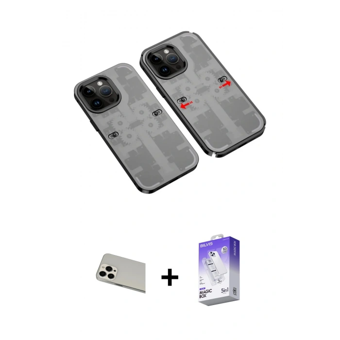 MARSİLYAN™- iPhone 13 Pro Max Kılıf Ufuk Doku Prime - Siyah Bilvis 5in1 3D Magic Cam Ekran Koruyucu + Rainbow Kamera Lens Koruma Cam - BZ