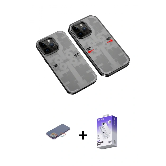 MARSİLYAN™- iPhone 13 Pro Max Kılıf Ufuk Doku Prime - Siyah Bilvis 5in1 3D Magic Cam Ekran Koruyucu + Renkli Kamera Lens Koruma Cam - PE