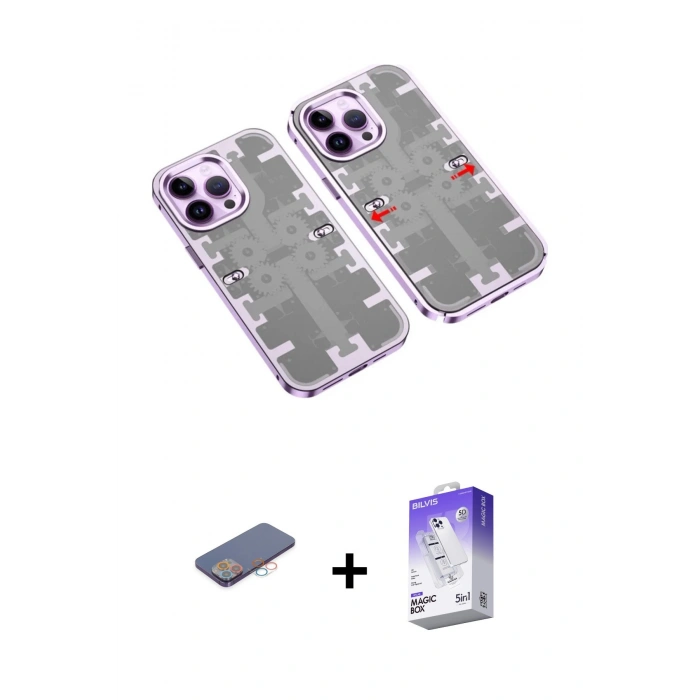 MARSİLYAN™- iPhone 13 Pro Max Kılıf Ufuk Doku Prime - Siyah Bilvis 5in1 3D Magic Cam Ekran Koruyucu + Renkli Kamera Lens Koruma Cam - PE