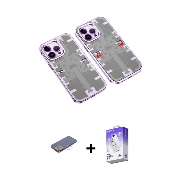 MARSİLYAN™- iPhone 13 Pro Max Kılıf Ufuk Doku Prime - Siyah Bilvis 5in1 3D Magic Cam Ekran Koruyucu + Renkli Kamera Lens Koruma Cam - SI