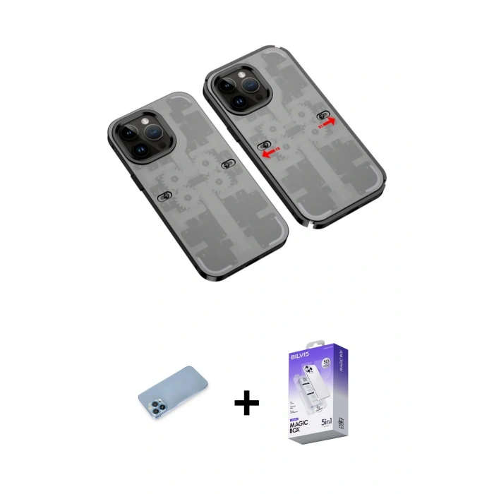 MARSİLYAN™- iPhone 13 Pro Max Kılıf Ufuk Doku Prime - Siyah Bilvis 5in1 3D Magic Cam Ekran Koruyucu + Shine Kamera Lens Koruma Cam - MI