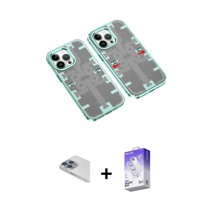 MARSİLYAN™- iPhone 13 Pro Max Kılıf Ufuk Doku Prime - Siyah Bilvis 5in1 3D Magic Cam Ekran Koruyucu + Pers Alüminyum Kamera Lens - SABE