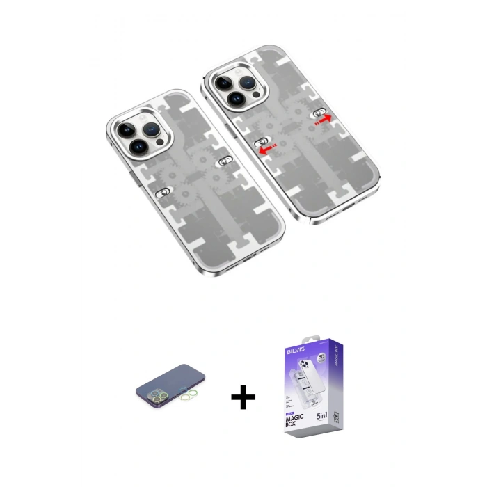MARSİLYAN™- iPhone 13 Pro Max Kılıf Ufuk Doku Prime - Siyah Bilvis 5in1 3D Magic Cam Ekran Koruyucu + Renkli Kamera Lens Koruma Cam - YL
