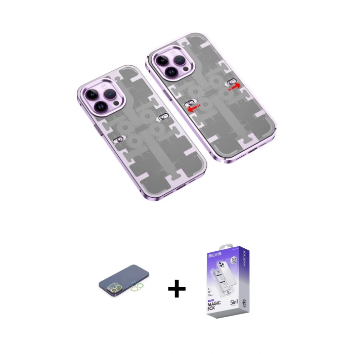 MARSİLYAN™- iPhone 13 Pro Max Kılıf Ufuk Doku Prime - Siyah Bilvis 5in1 3D Magic Cam Ekran Koruyucu + Renkli Kamera Lens Koruma Cam - YL