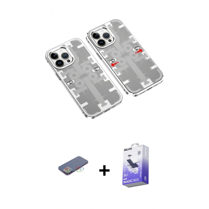 MARSİLYAN™- iPhone 13 Pro Max Kılıf Ufuk Doku Prime - Siyah Bilvis 5in1 5D Magic Hayalet Cam Ekran Koruyucu + Renkli Kamera Lens Koruma Cam - MI