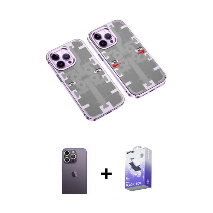MARSİLYAN™- iPhone 13 Pro Max Kılıf Ufuk Doku Prime - Siyah Bilvis 5in1 5D Magic Hayalet Cam Ekran Koruyucu + Neon Fosforlu Kamera Lens - BZ