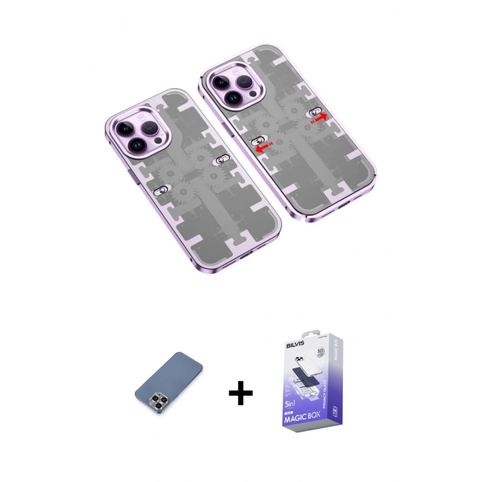 MARSİLYAN™- iPhone 13 Pro Max Kılıf Ufuk Doku Prime - Siyah Bilvis 5in1 5D Magic Hayalet Cam Ekran Koruyucu + Açık Yeşil Metal Kamera Lens Koruma Cam