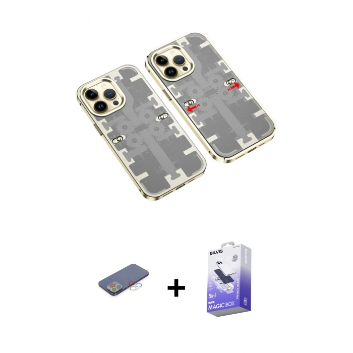 MARSİLYAN™- iPhone 13 Pro Max Kılıf Ufuk Doku Prime - Siyah Bilvis 5in1 5D Magic Hayalet Cam Ekran Koruyucu + Renkli Kamera Lens Koruma Cam - MI