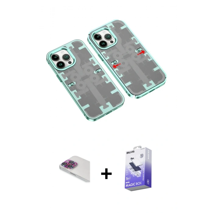 MARSİLYAN™- iPhone 13 Pro Max Kılıf Ufuk Doku Prime - Siyah Bilvis 5in1 5D Magic Hayalet Cam Ekran Koruyucu + Pers Alüminyum Kamera Lens - GI