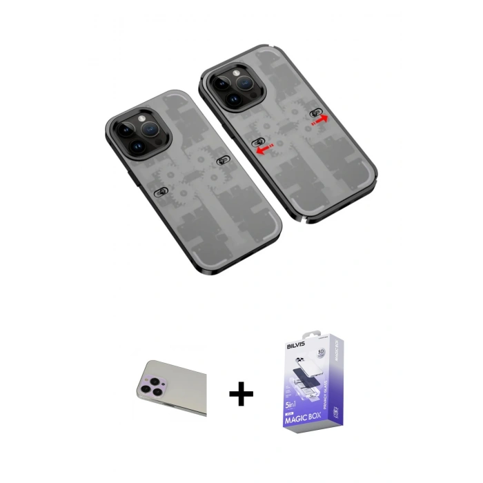 MARSİLYAN™- iPhone 13 Pro Max Kılıf Ufuk Doku Prime - Siyah Bilvis 5in1 5D Magic Hayalet Cam Ekran Koruyucu + Rainbow Kamera Lens Koruma Cam - MR