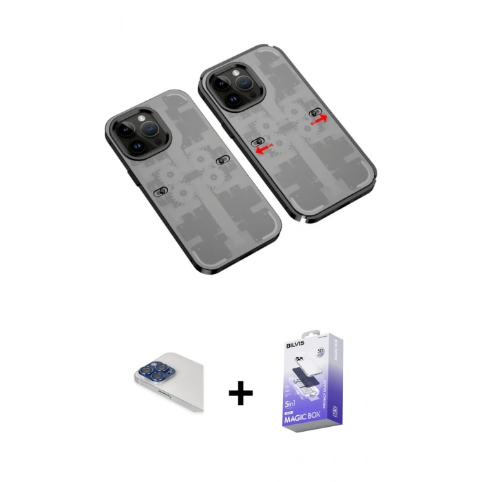MARSİLYAN™- iPhone 13 Pro Max Kılıf Ufuk Doku Prime - Siyah Bilvis 5in1 5D Magic Hayalet Cam Ekran Koruyucu + Pers Alüminyum Kamera Lens - LT
